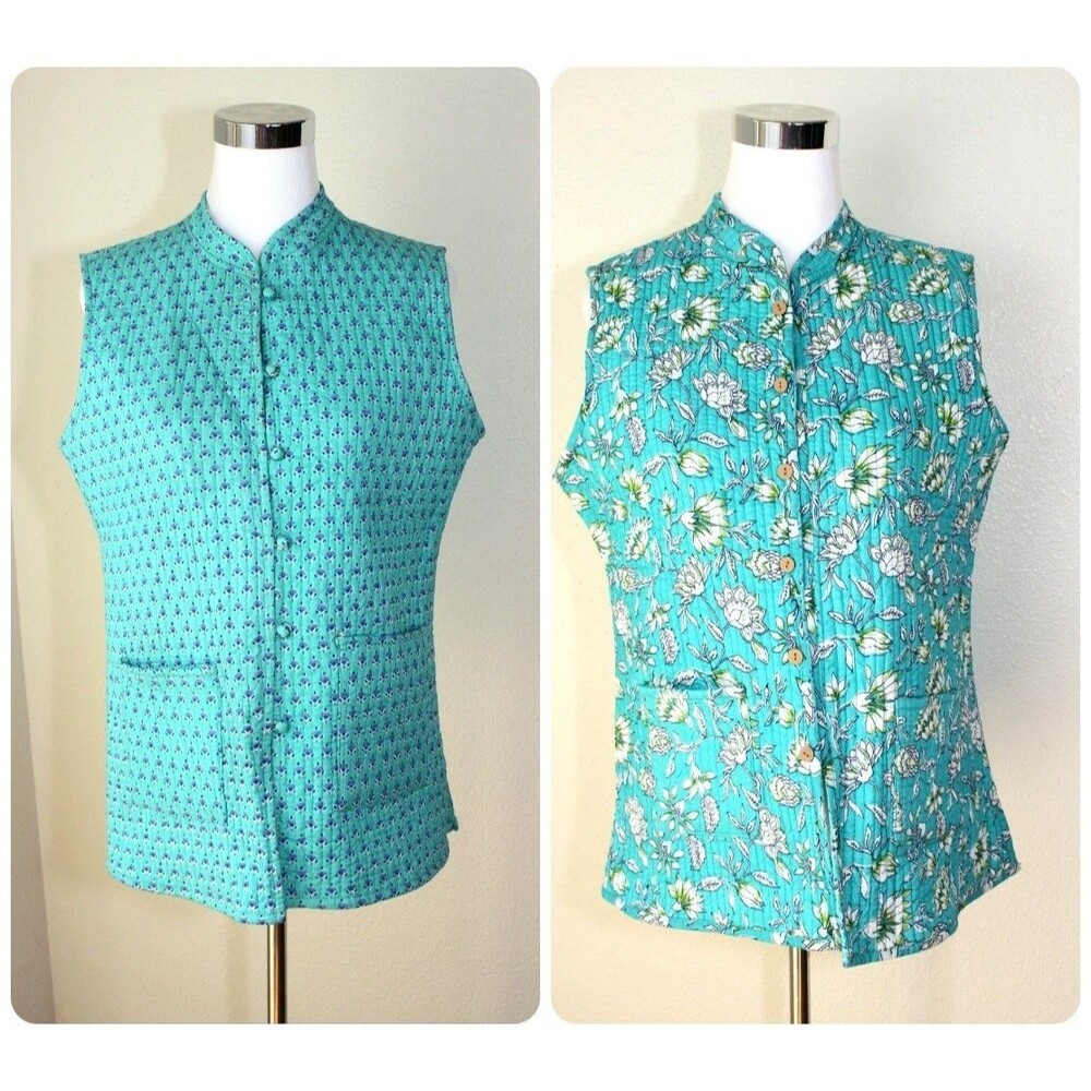 NWOT Handmade Womans Vest Sz. L Quilted Double Sided Turquoise Multi Floral #03